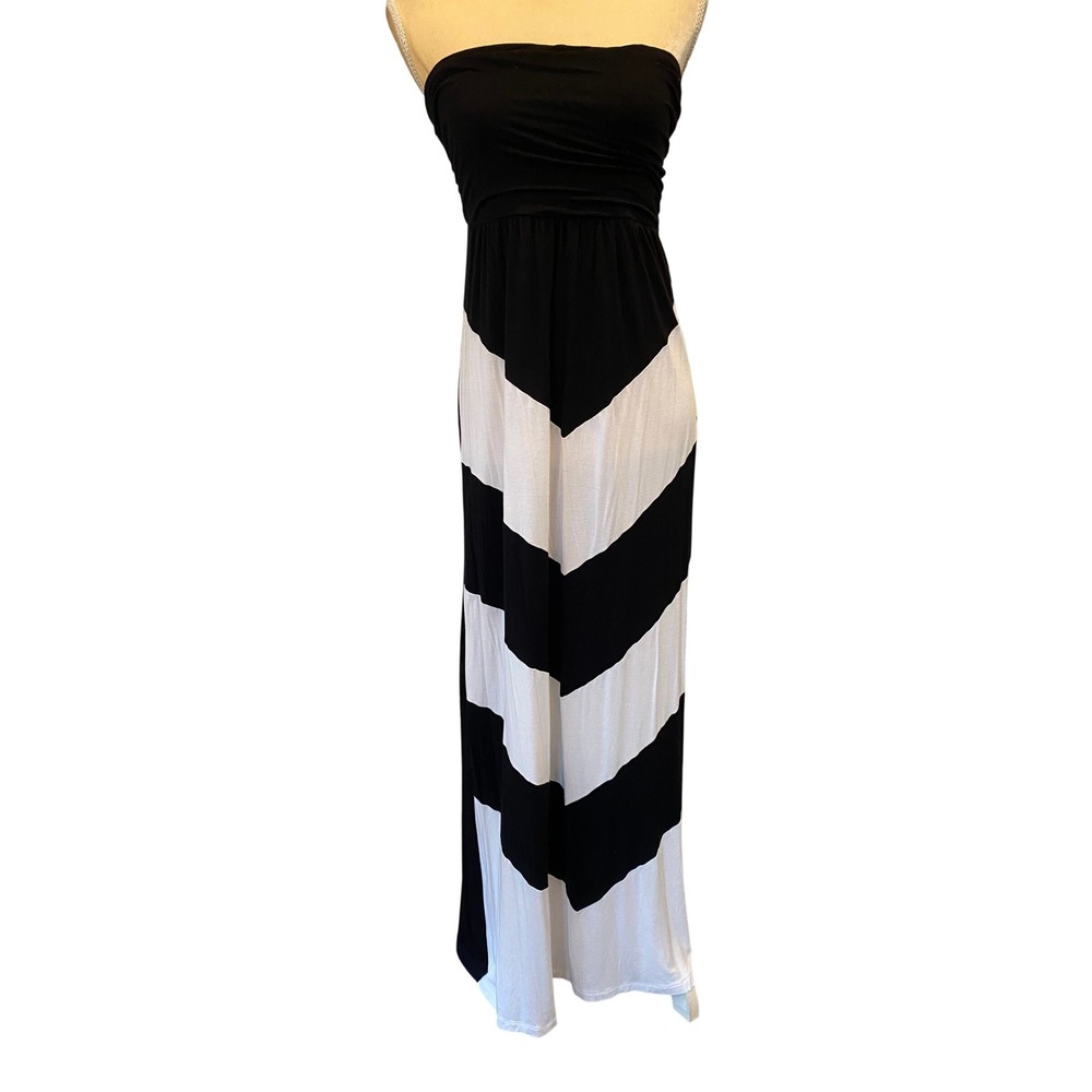 Design History Black White Chevron Strapless Maxi Dress Smocked Tube Missy M